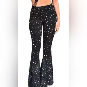 Women's Sequin Velour Star Studded Flare Pants Bell Bottom Pants, Size Small